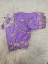 Lavender Embroidered Designer Blouse with Floral Organza Saree – Elegant Party Wear Saree Set