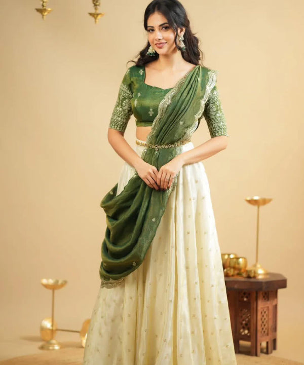 Emerald Ivory Draped Lehenga Set