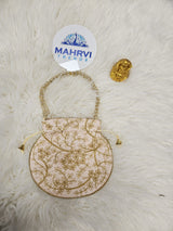 Floral Embroidered Satin Potli Bag with Pearl Handle