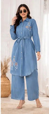 Women’s Blue Denim Shirt-Style Co-Ord Set with Floral Embroidery