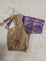 Gold Brocade Blouse with Olive Green & Purple Banarasi Saree – Elegant Traditional Indian Saree Set