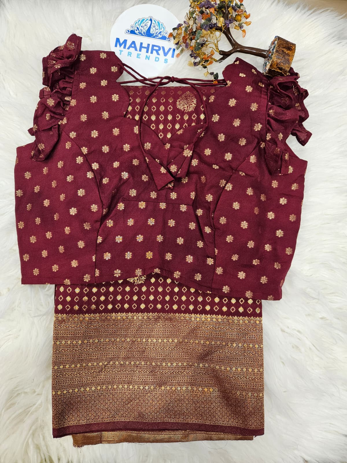 Wine Brocade Ruffle Sleeve Blouse with Banarasi Saree – Designer Traditional Saree Set