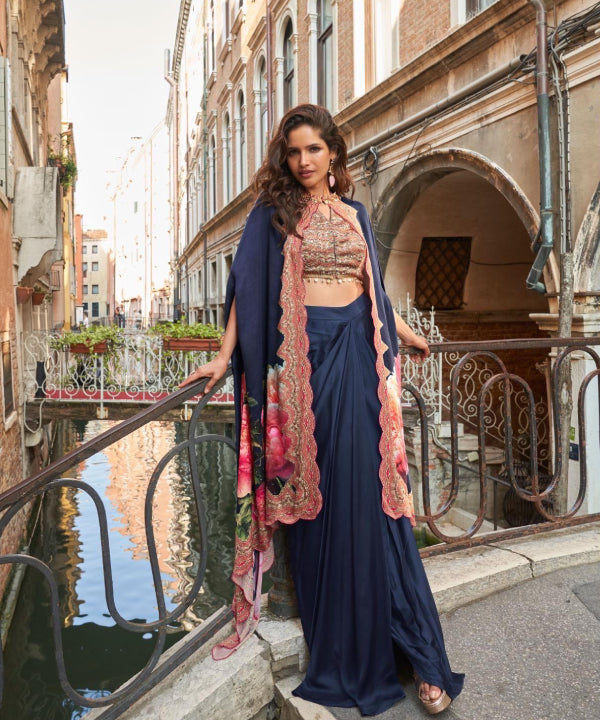 Elegant Draped Skirt Set with Floral Cape