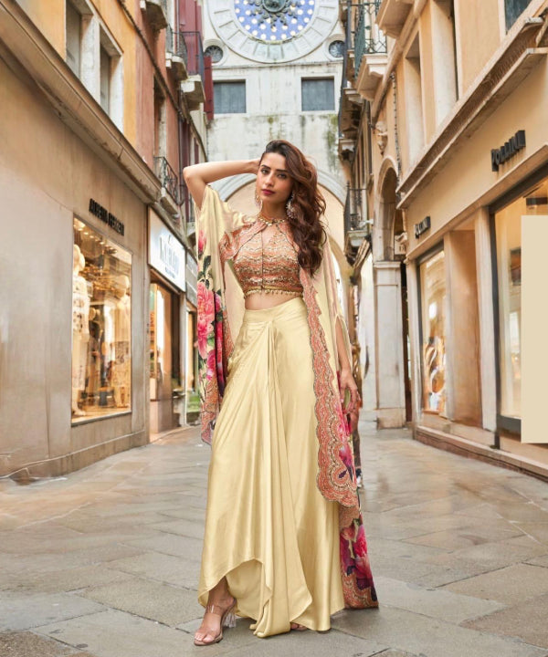 Elegant Draped Skirt Set with Floral Cape