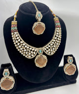Elegant Antique Gold Statement Necklace Set with Multicolor Stone Accents