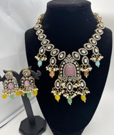 Elegant Antique Gold Statement Necklace Set with Multicolor Stone Accents