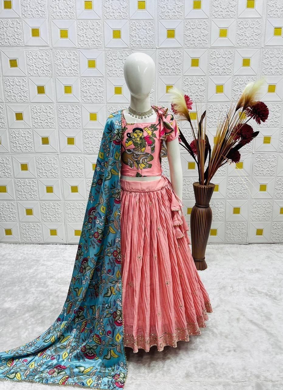 Peach Lehenga Set with Artistic Printed Blouse & Kalamkari Dupatta
