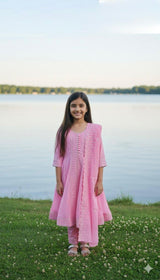 Elegant Girls Pastel Kurta Set with Dupatta (White, Pink, Aqua)