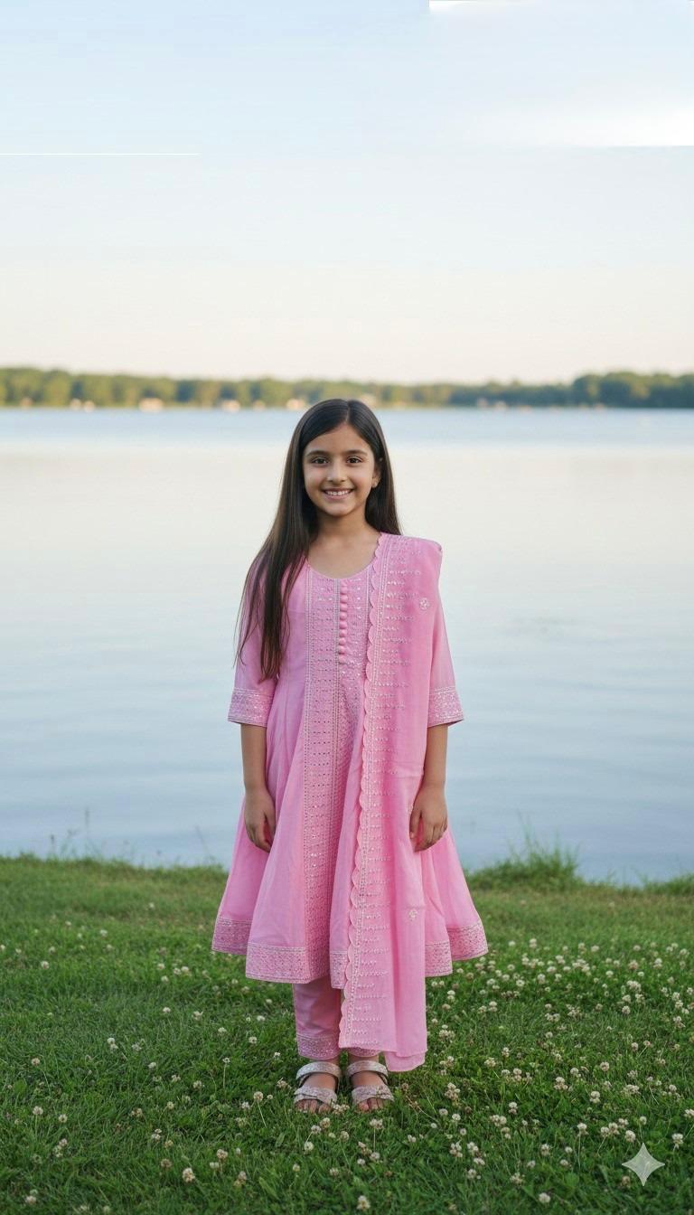 Elegant Girls Pastel Kurta Set with Dupatta (White, Pink, Aqua)