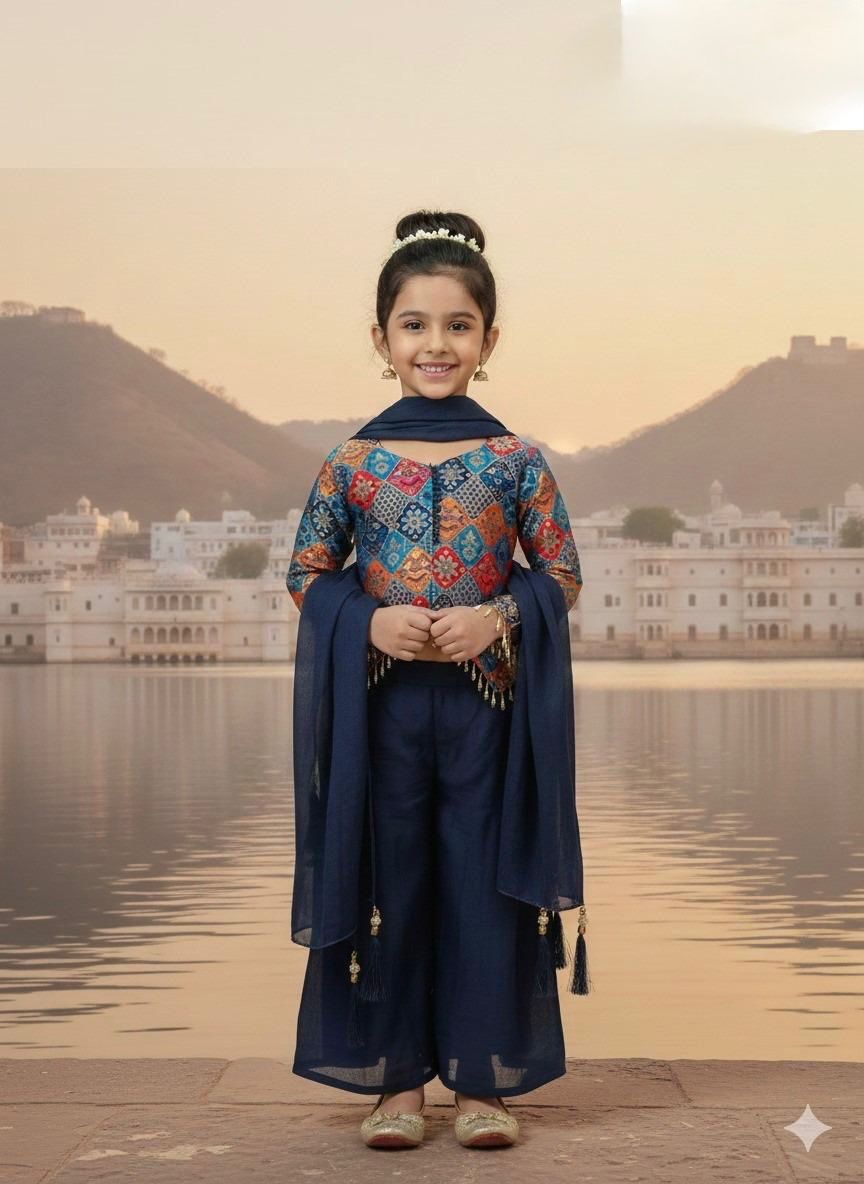 Vibrant Girls Embroidered Sharara Set with Dupatta (Multicolor)