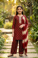 Graceful Girls Kurta Palazzo Set with Tie-Dye Dupatta (Maroon, Plum, Green, Black)