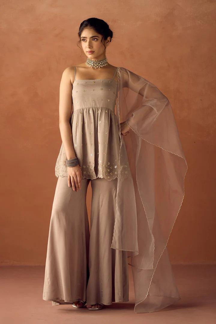 Designer Embroidered Peplum Palazzo Suit with Organza Dupatta