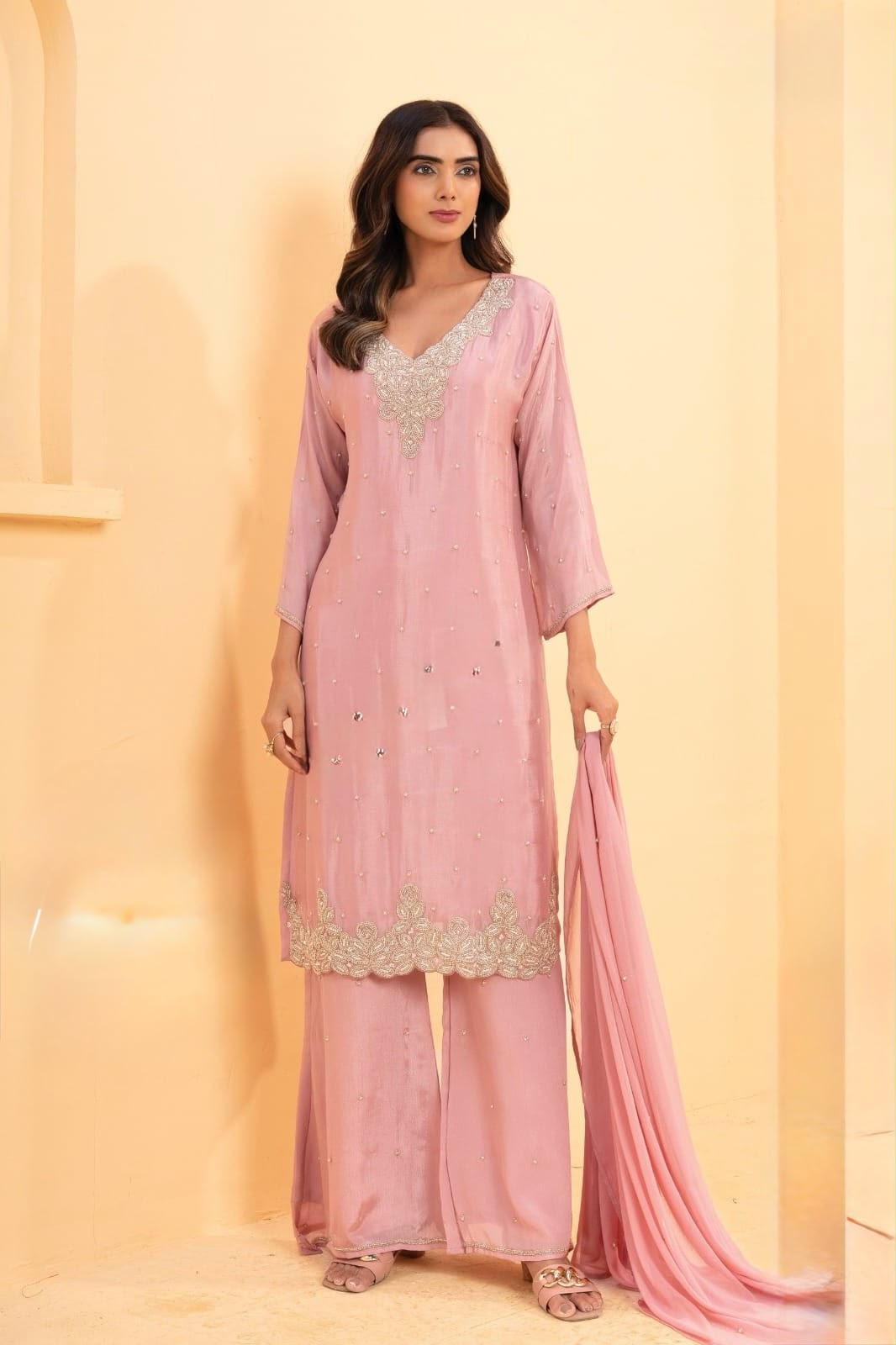 Designer Hand-Embroidered Suit Set with Palazzo & Dupatta