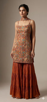 Rust Floral Embroidered Kurti with Tiered Palazzo & Dupatta Set