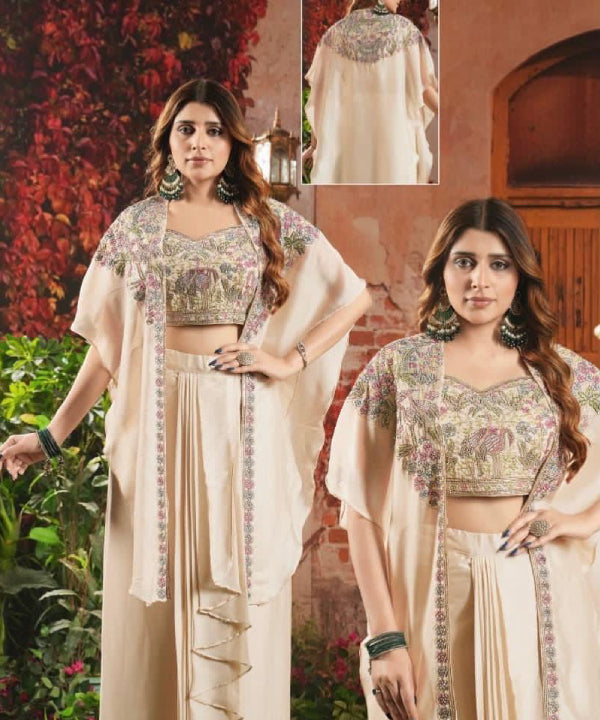 Ivory Embroidered Cape Set – Luxe Fusion Elegance