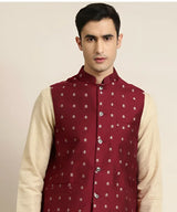 Maroon cotton self design Nehru jacket