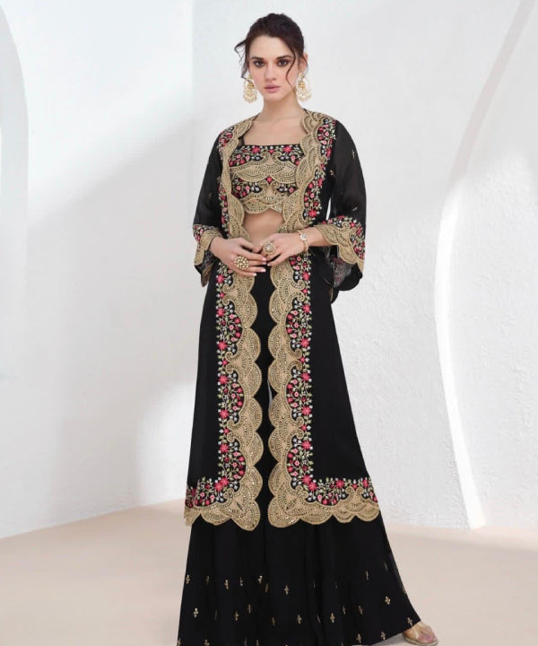 Midnight Noir Embroidered palazzo Set with Statement Jacket