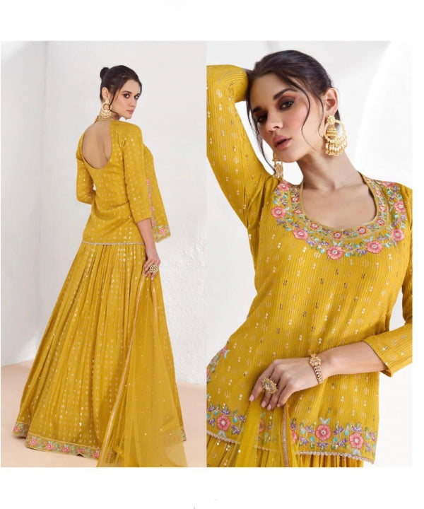 Mustard Yellow Embroidered Lehanga