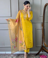 Mustard Embroidered Suit Set with Printed Dupatta – Festive Elegance
