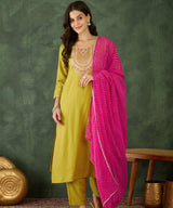 Mustard Embroidered Kurta Set with Pink Dupatta