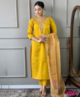 Mustard Embroidered Suit Set with Printed Dupatta – Festive Elegance