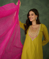 Mustard Embroidered Kurta Set with Pink Dupatta