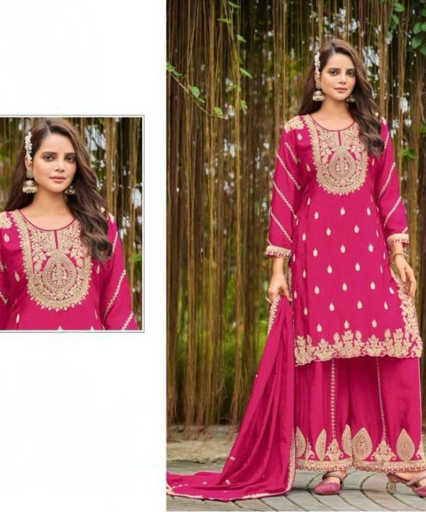 Elegant Chinon Embroidered Kurta Palazzo Set