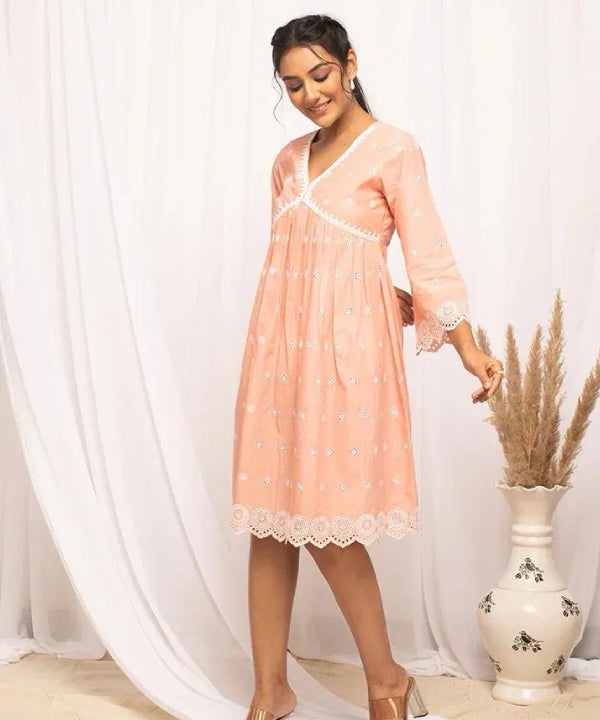Peach Embroidered Cotton Dress