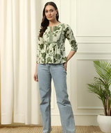 Green Floral Printed Peplum Top
