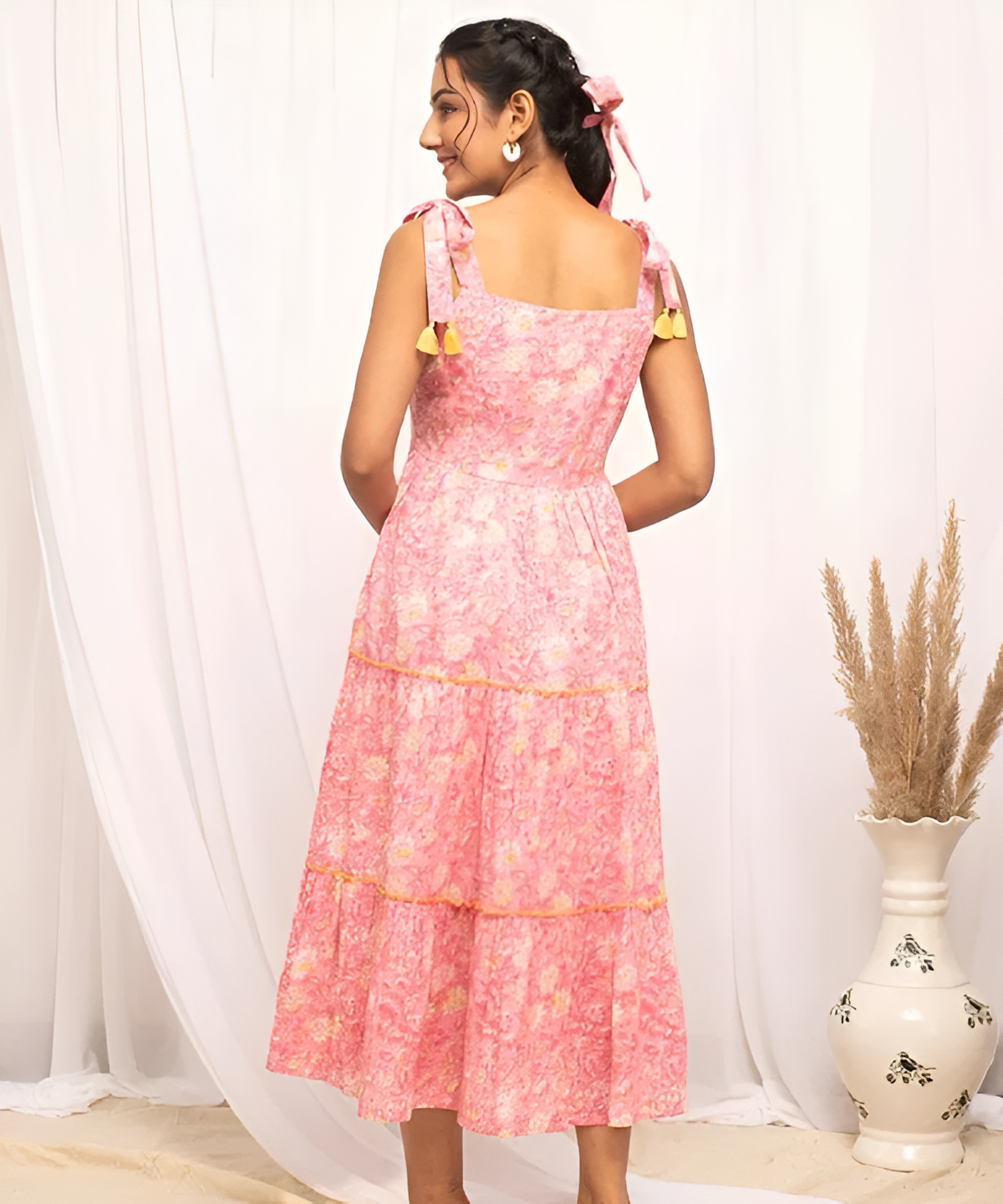 Pink Floral Tie-Shoulder Midi Dress