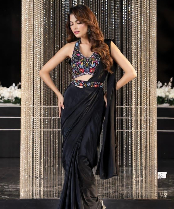 Pre-Draped Saree with Embroidered Blouse – Modern Glam Statement