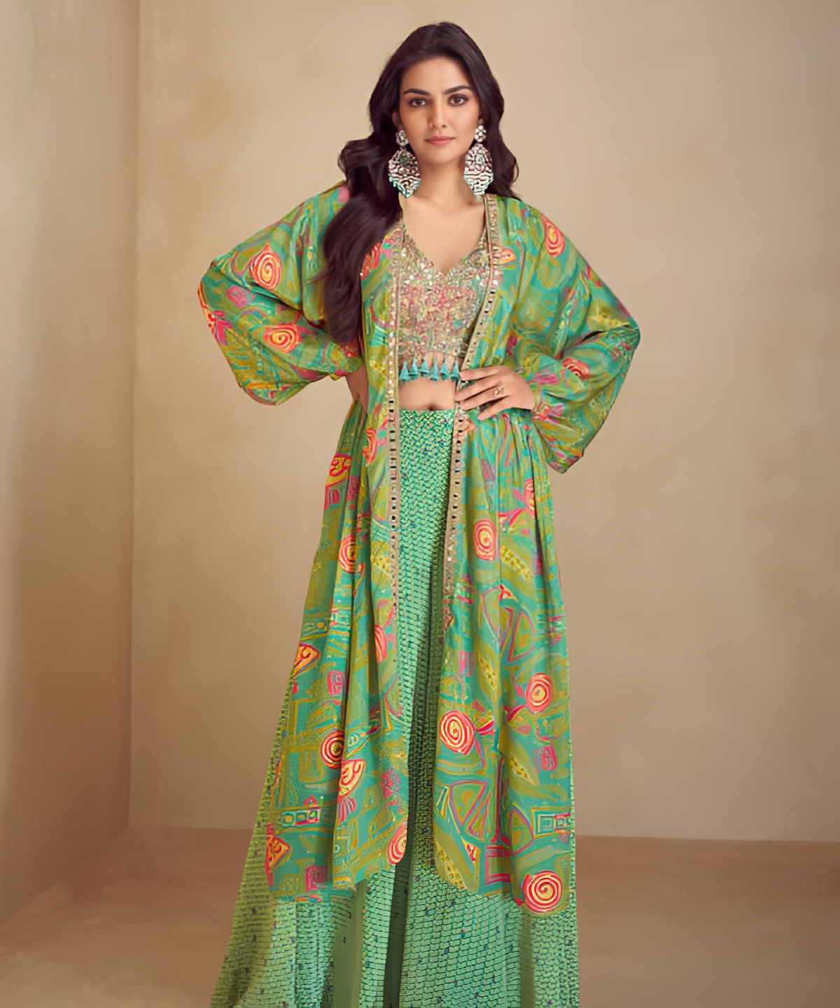 Vibrant Printed Jacket Set with Embellished Blouse & Palazzo