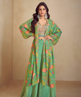 Vibrant Printed Jacket Set with Embellished Blouse & Palazzo