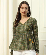 Green Printed Wrap-Style Top